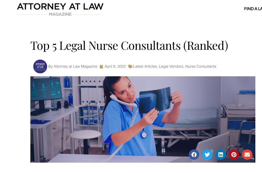 MED LAW Consulting, LLC has been named Top 5 Legal Nurse Consulant Companies by Attorney at Law Magazine