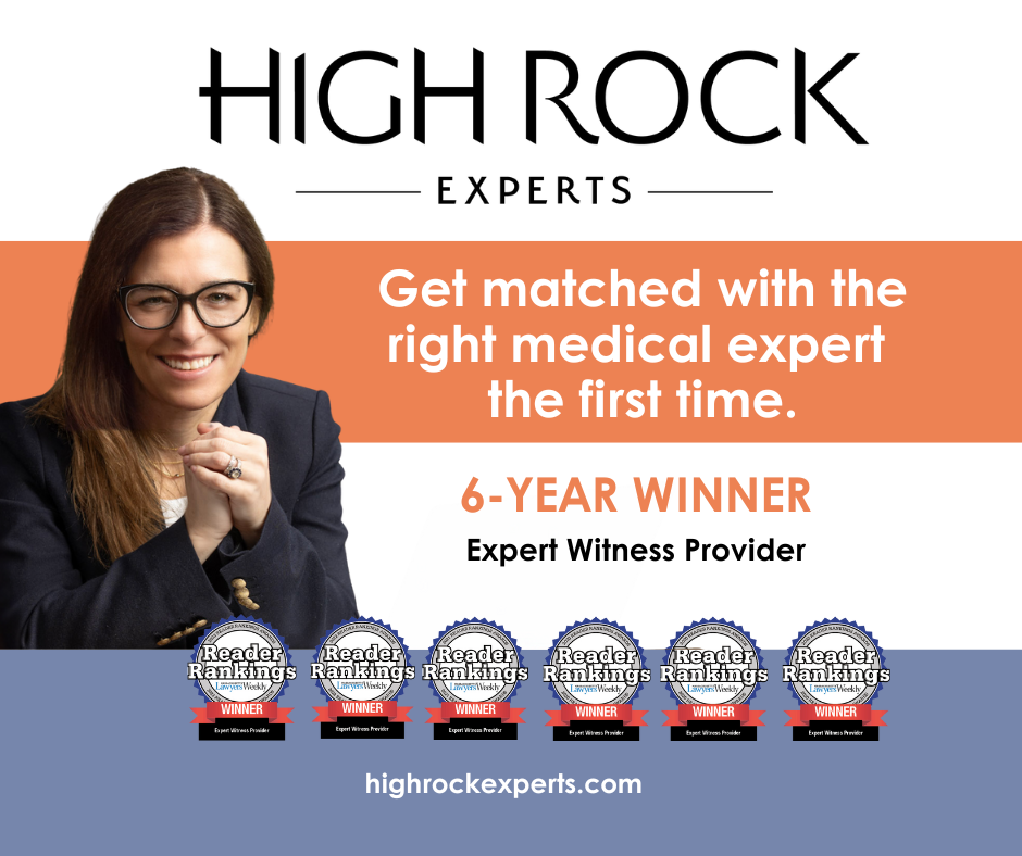 High Rock Experts 6-Year Winner – Voted #1 Expert Witness Provider by Massachusetts Lawyers Weekly Readers. Featuring Dr. Amy Fogelman, MD, and six Reader Rankings award badges. Text reads: 'Get matched with the right medical expert the first time.' highrockexperts.com