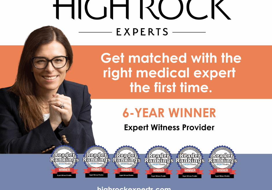 High Rock Experts 6-Year Winner – Voted #1 Expert Witness Provider by Massachusetts Lawyers Weekly Readers. Featuring Dr. Amy Fogelman, MD, and six Reader Rankings award badges. Text reads: 'Get matched with the right medical expert the first time.' highrockexperts.com